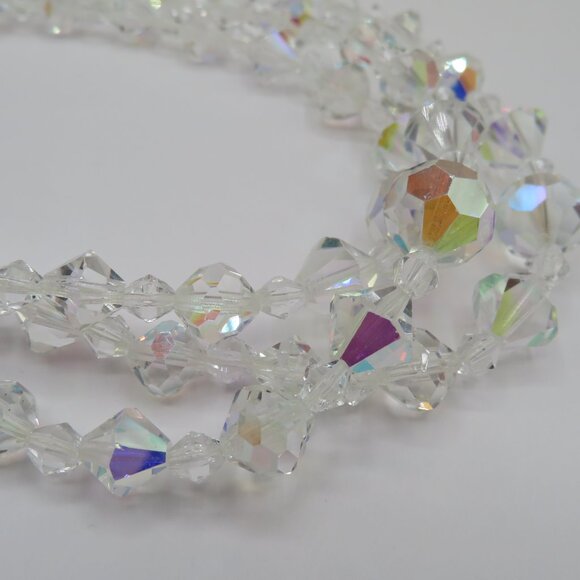 Vintage Aurora Borealis Beaded Triple Strand Choker Style Necklace - Picture 4 of 9